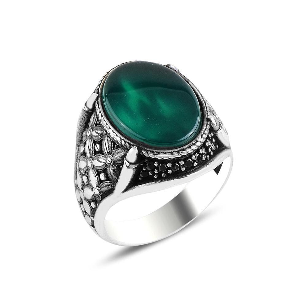 Mens ring green agate gemstone claw 925 sterling silver | Yussuk | Silver
